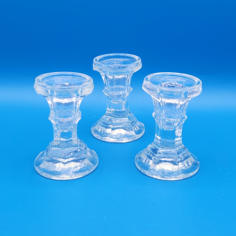 Vintage 3" Clear‎ Glass Short Candlestick Holders - set of three